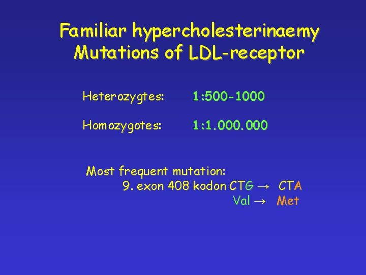 Familiar hypercholesterinaemy Mutations of LDL-receptor Heterozygtes: 1: 500 -1000 Homozygotes: 1: 1. 000 Most