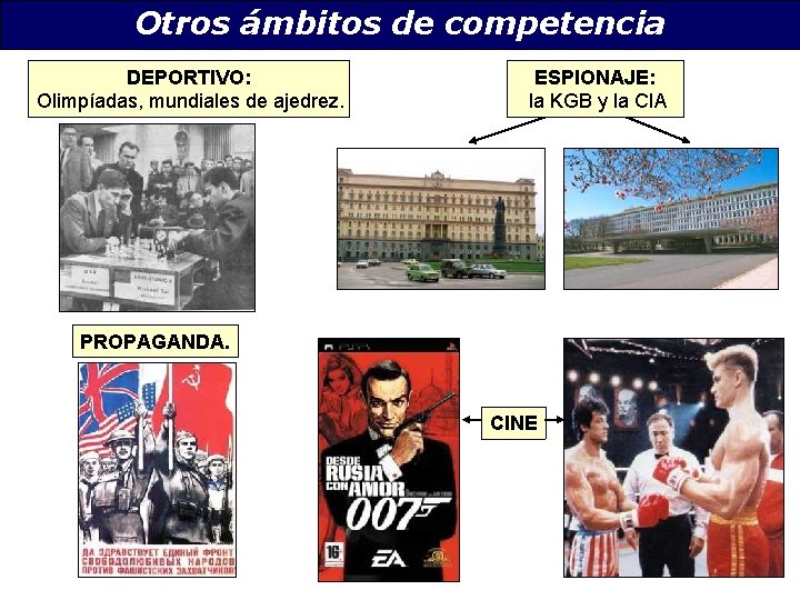 Otros ámbitos de competencia DEPORTIVO: Olimpíadas, mundiales de ajedrez. ESPIONAJE: la KGB y la