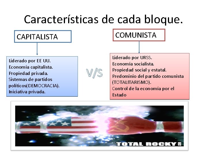 Características de cada bloque. COMUNISTA CAPITALISTA Liderado por EE UU. Economía capitalista. Propiedad privada.