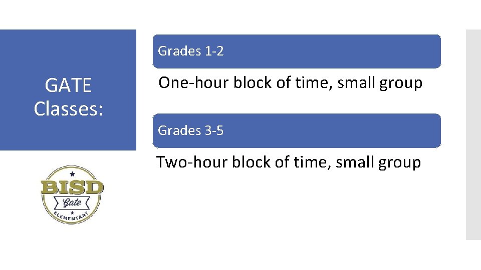 Grades 1 -2 GATE Classes: One-hour block of time, small group Grades 3 -5