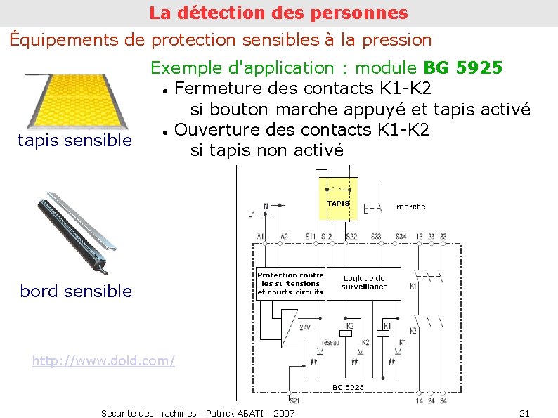 La détection des personnes Équipements de protection sensibles à la pression tapis sensible Exemple