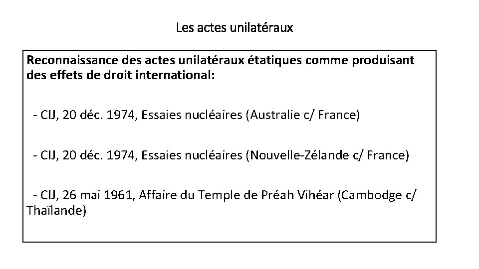 Les actes unilatéraux Reconnaissance des actes unilatéraux étatiques comme produisant des effets de droit