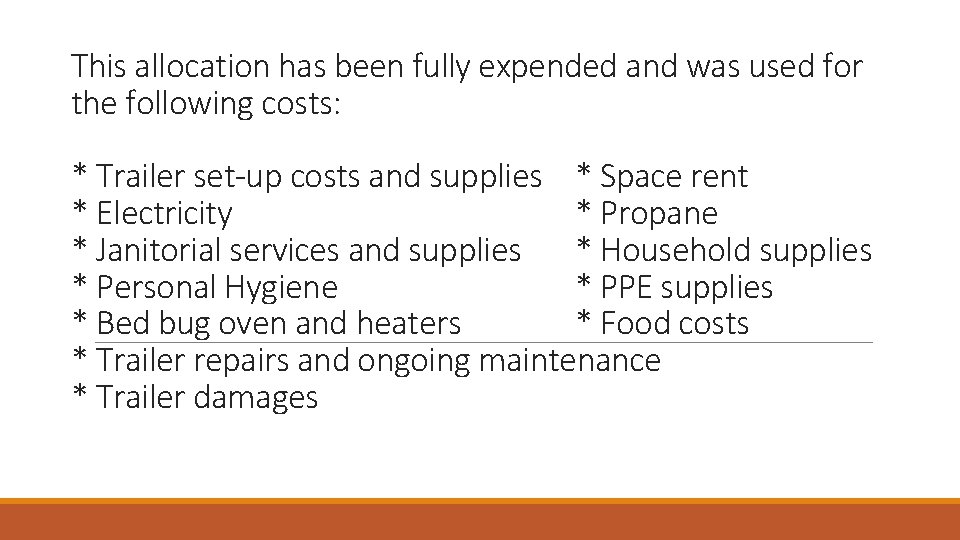 This allocation has been fully expended and was used for the following costs: *