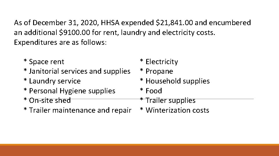 As of December 31, 2020, HHSA expended $21, 841. 00 and encumbered an additional