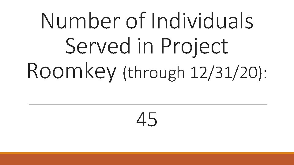 Number of Individuals Served in Project Roomkey (through 12/31/20): 45 