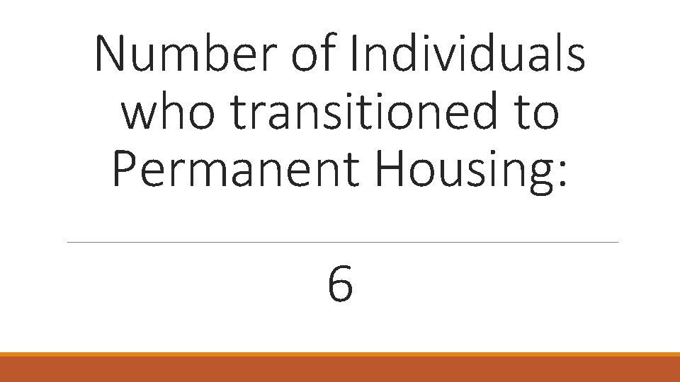 Number of Individuals who transitioned to Permanent Housing: 6 