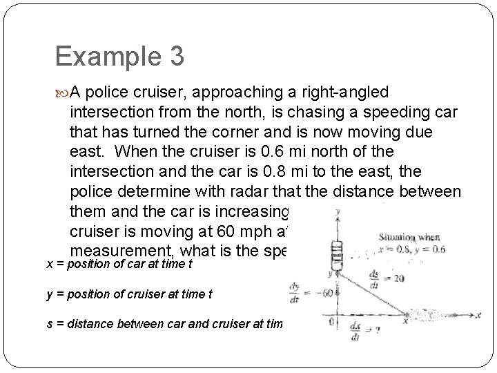 Example 3 A police cruiser, approaching a right-angled intersection from the north, is chasing