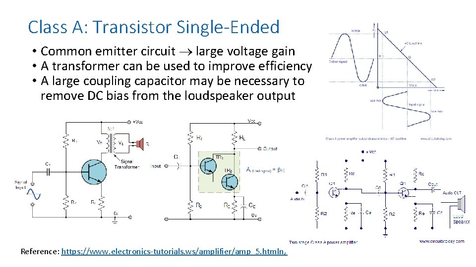 Class A: Transistor Single-Ended • Common emitter circuit large voltage gain • A transformer