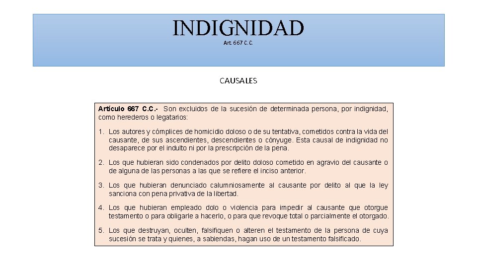 INDIGNIDAD Art. 667 C. C. CAUSALES Artículo 667 C. C. - Son excluidos de