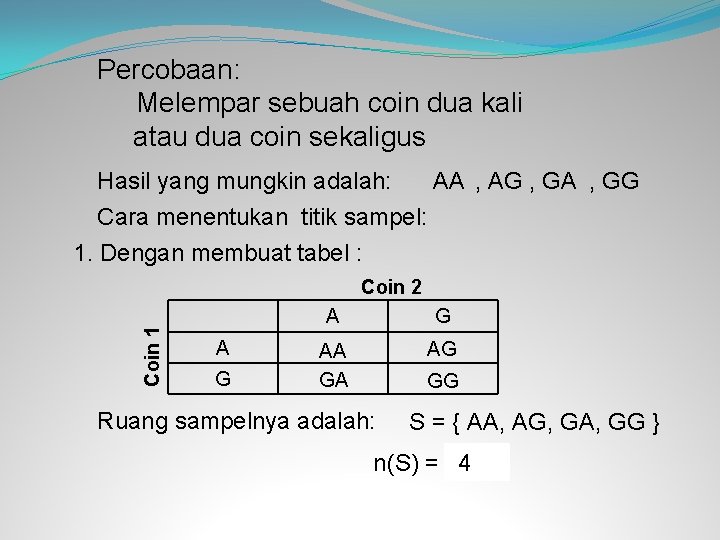 Percobaan: Melempar sebuah coin dua kali atau dua coin sekaligus Hasil yang mungkin adalah: