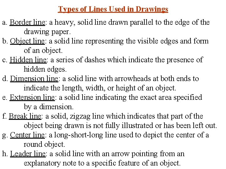 Types of Lines Used in Drawings a. Border line: a heavy, solid line drawn