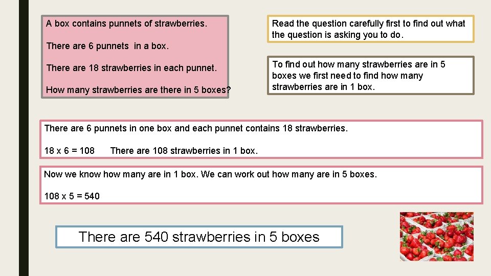 A box contains punnets of strawberries. Read the question carefully first to find out