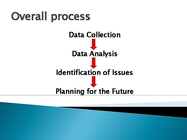 Overall process Data Collection Data Analysis Identification of Issues Planning for the Future 