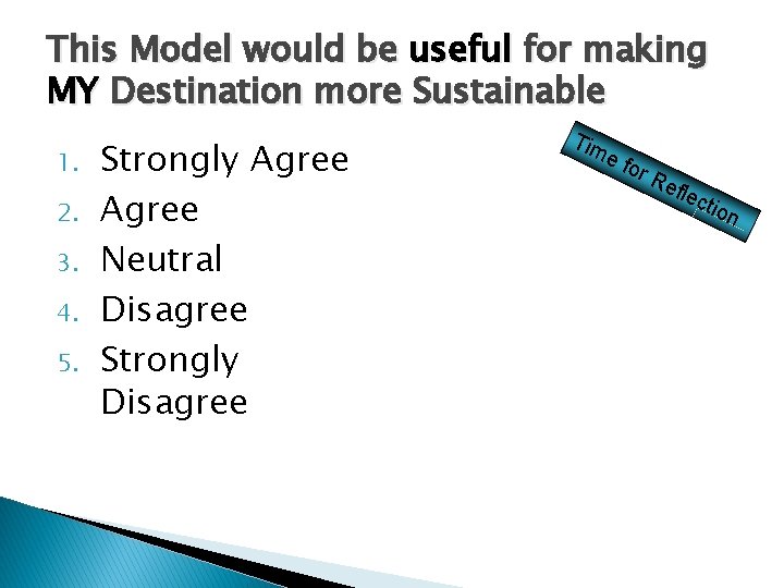 This Model would be useful for making MY Destination more Sustainable 1. 2. 3.
