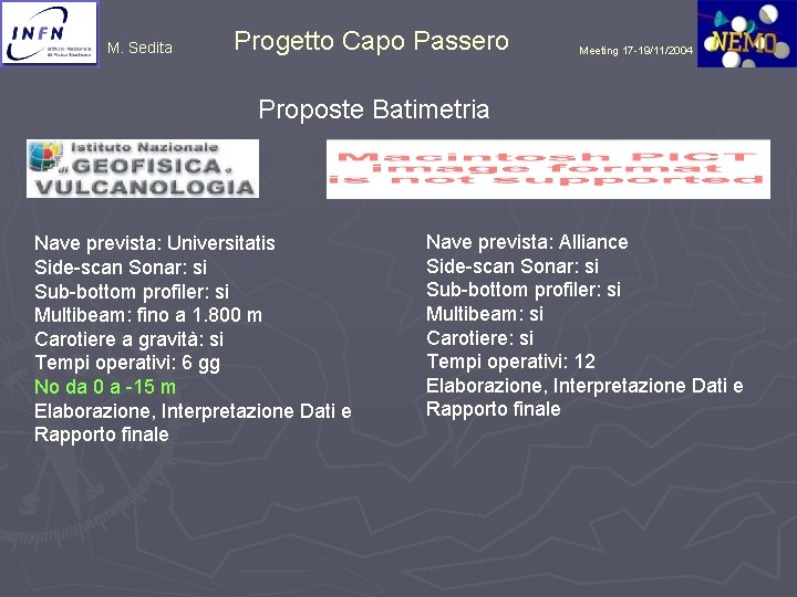 M. Sedita Progetto Capo Passero Meeting 17 -19/11/2004 Proposte Batimetria Nave prevista: Universitatis Side-scan