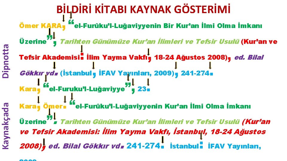 Dipnotta Kaynakçada BİLDİRİ KİTABI KAYNAK GÖSTERİMİ Ömer KARA, “el-Furûku’l-Luğaviyyenin Bir Kur’an İlmi Olma İmkanı