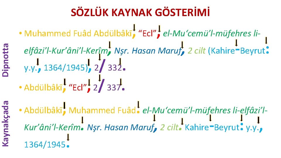 Dipnotta Kaynakçada SÖZLÜK KAYNAK GÖSTERİMİ , , • Muhammed Fuâd Abdülbâkī “Ecl” el-Mu‘cemü’l-müfehres li-