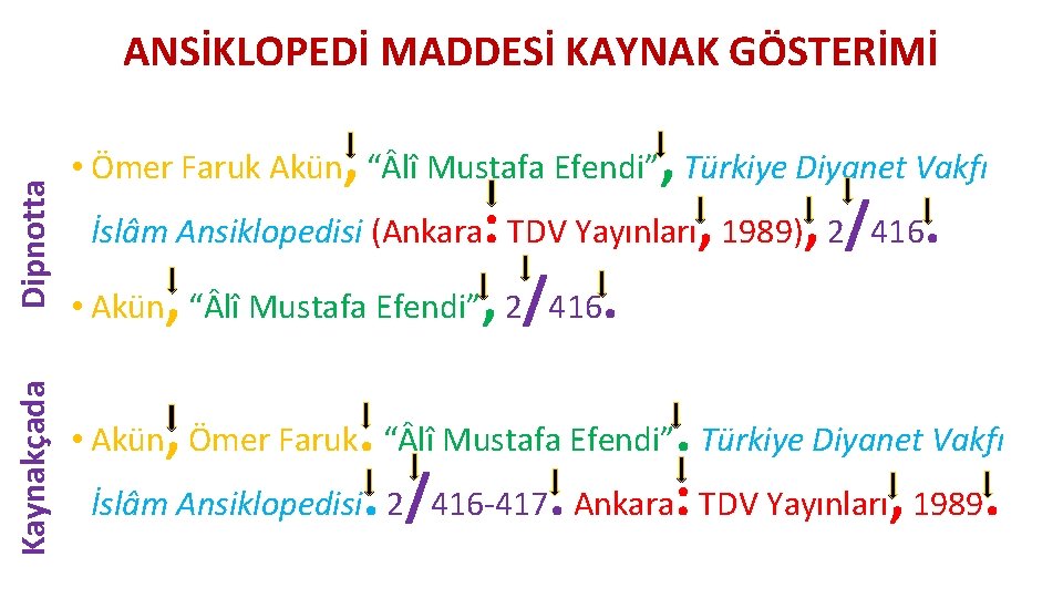 Kaynakçada Dipnotta ANSİKLOPEDİ MADDESİ KAYNAK GÖSTERİMİ , , • Ömer Faruk Akün “ lî