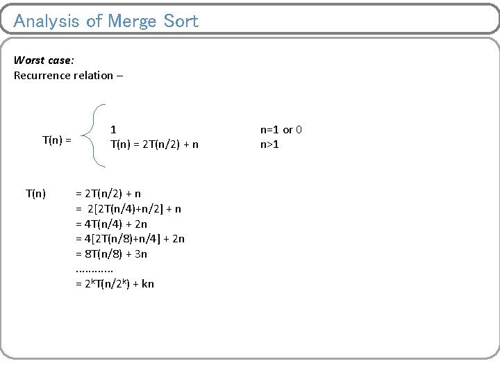 Analysis of Merge Sort Worst case: Recurrence relation – T(n) = T(n) 1 T(n)