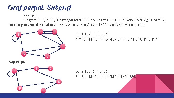 Graf parțial. Subgraf Definiţie: Fie graful G = ( X , U ). Un