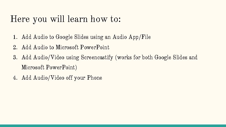 Here you will learn how to: 1. Add Audio to Google Slides using an