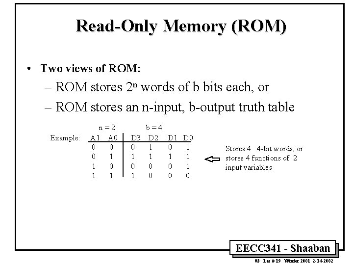 Read-Only Memory (ROM) • Two views of ROM: – ROM stores 2 n words