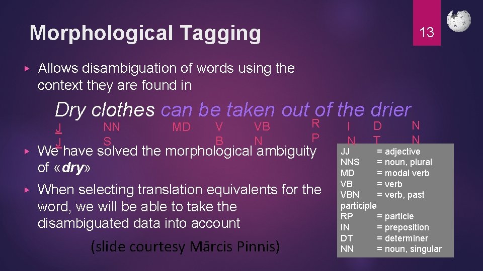 Morphological Tagging ▶ 13 Allows disambiguation of words using the context they are found Morphological Tagging ▶ 13 Allows disambiguation of words using the context they are found