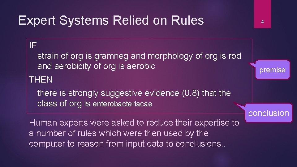Expert Systems Relied on Rules 4 IF strain of org is gramneg and morphology Expert Systems Relied on Rules 4 IF strain of org is gramneg and morphology