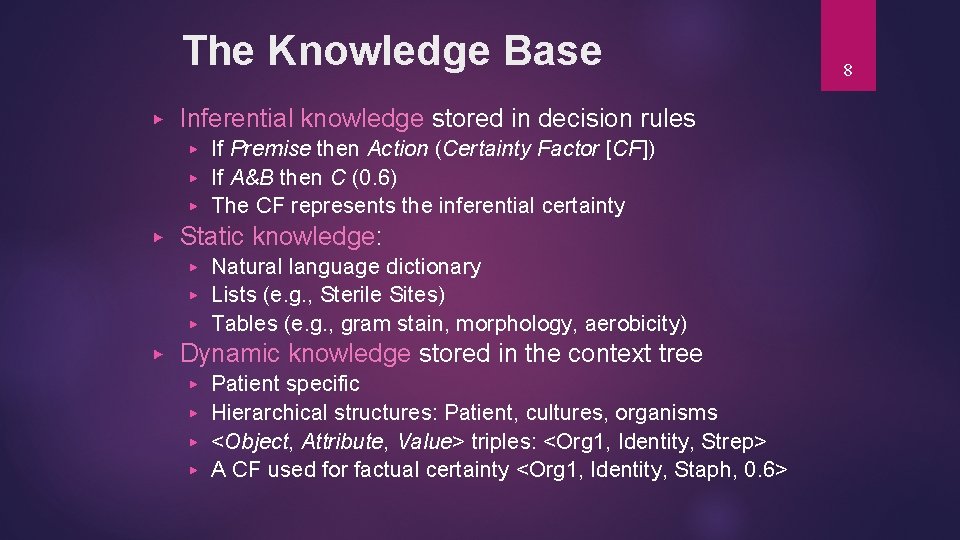 The Knowledge Base ▶ Inferential knowledge stored in decision rules If Premise then Action The Knowledge Base ▶ Inferential knowledge stored in decision rules If Premise then Action