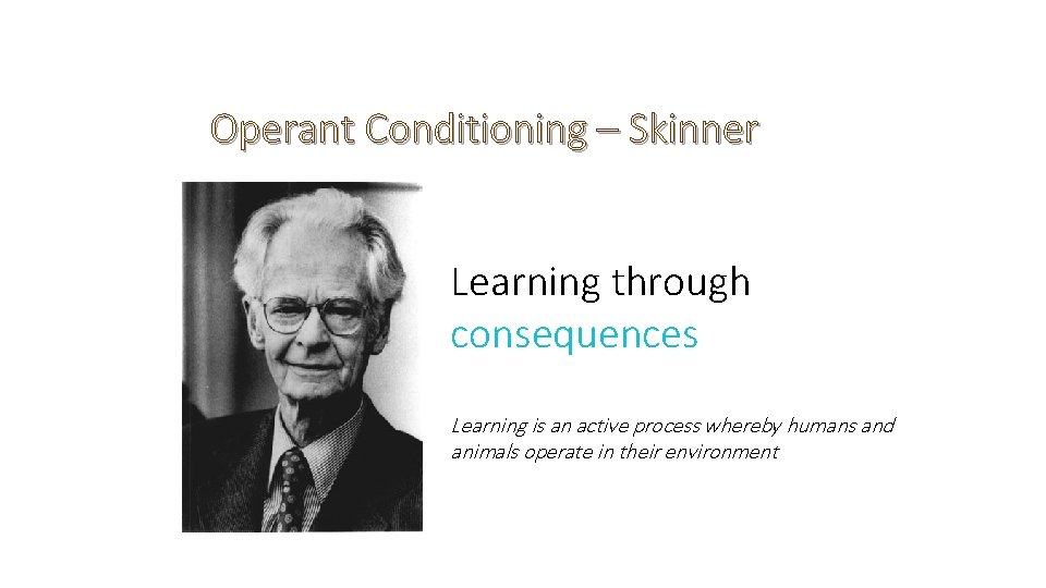 Operant Conditioning – Skinner Learning through consequences Learning is an active process whereby humans