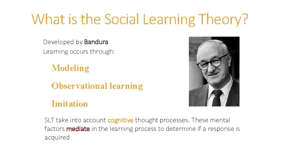 What is the Social Learning Theory? Developed by Bandura Learning occurs through: Modeling Observational