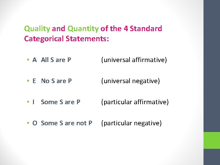 Quality and Quantity of the 4 Standard Categorical Statements: • A All S are