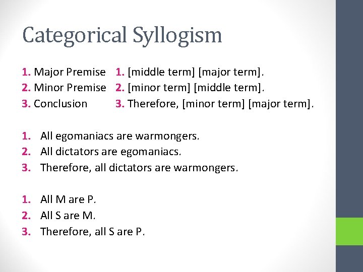 Categorical Syllogism 1. Major Premise 1. [middle term] [major term]. 2. Minor Premise 2.