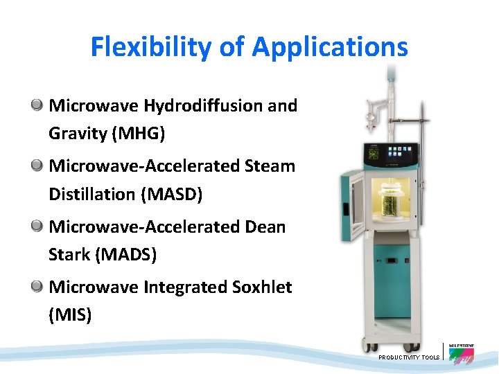 Flexibility of Applications Microwave Hydrodiffusion and Gravity (MHG) Microwave-Accelerated Steam Distillation (MASD) Microwave-Accelerated Dean