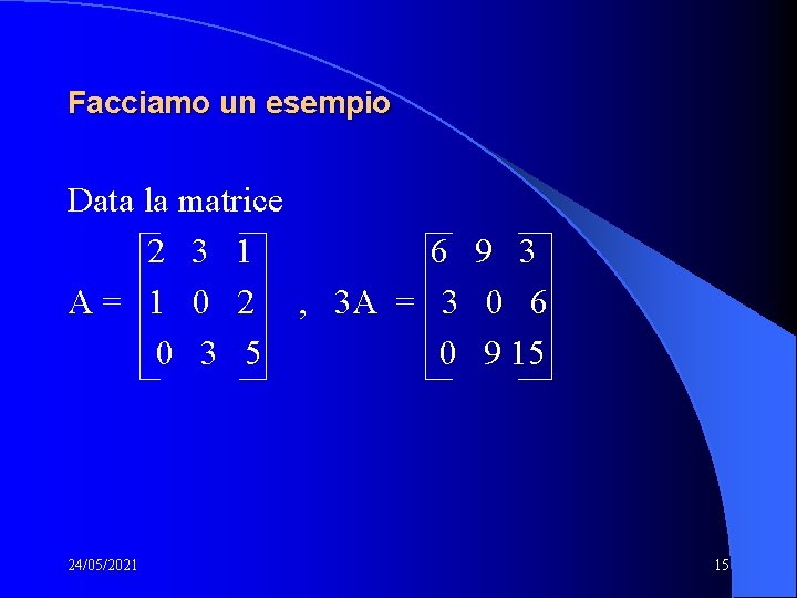 Facciamo un esempio Data la matrice 2 3 1 6 9 3 A = Facciamo un esempio Data la matrice 2 3 1 6 9 3 A =