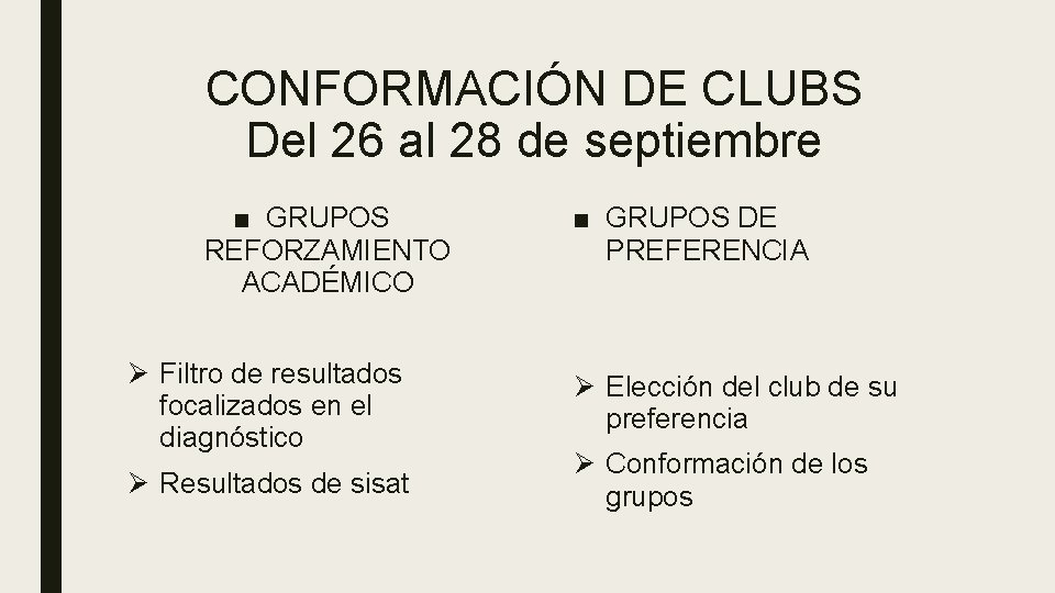 CONFORMACIÓN DE CLUBS Del 26 al 28 de septiembre ■ GRUPOS REFORZAMIENTO ACADÉMICO Ø