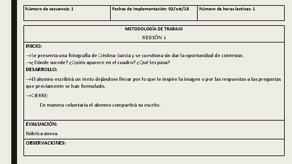 Número de secuencia: 1 Fechas de implementación: 02/oct/18 Número de horas lectivas: 1 METODOLOGÍA