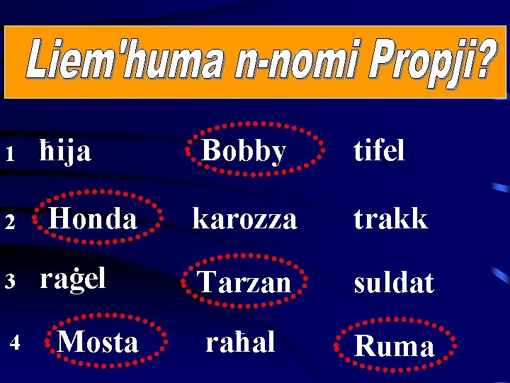 1 2 3 4 ħija Bobby tifel Honda karozza trakk raġel Tarzan suldat raħal