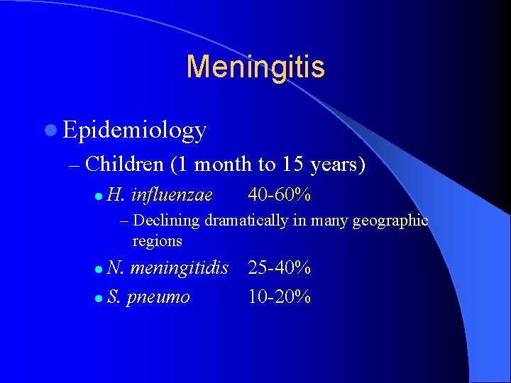 Meningitis l Epidemiology – Children (1 month to 15 years) l H. influenzae 40