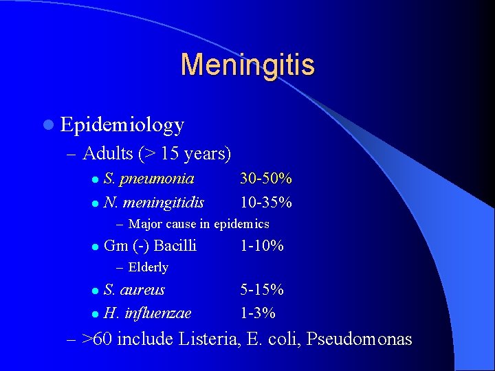 Meningitis l Epidemiology – Adults (> 15 years) S. pneumonia l N. meningitidis l