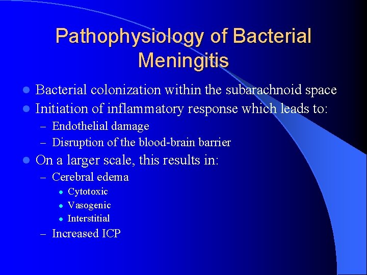 Pathophysiology of Bacterial Meningitis Bacterial colonization within the subarachnoid space l Initiation of inflammatory