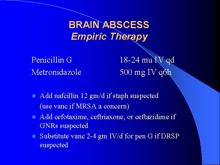 BRAIN ABSCESS Empiric Therapy Penicillin G Metronidazole 18 -24 mu IV qd 500 mg