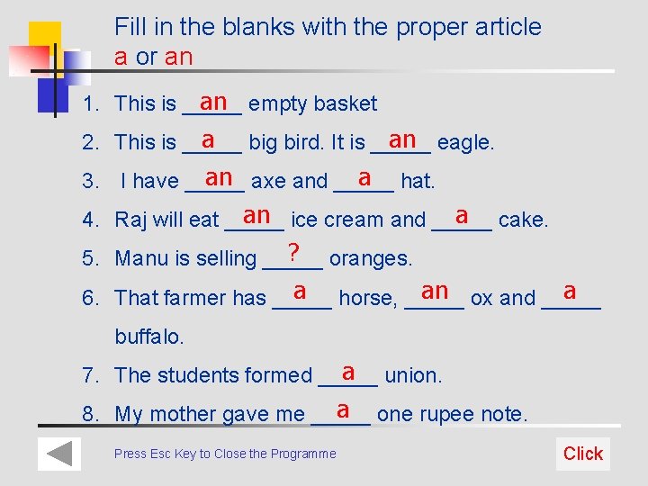 Fill in the blanks with the proper article a or an an empty basket