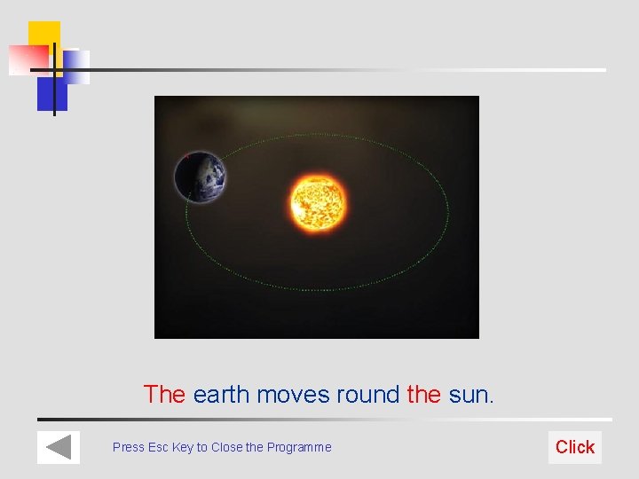 The earth moves round the sun. Press Esc Key to Close the Programme Click