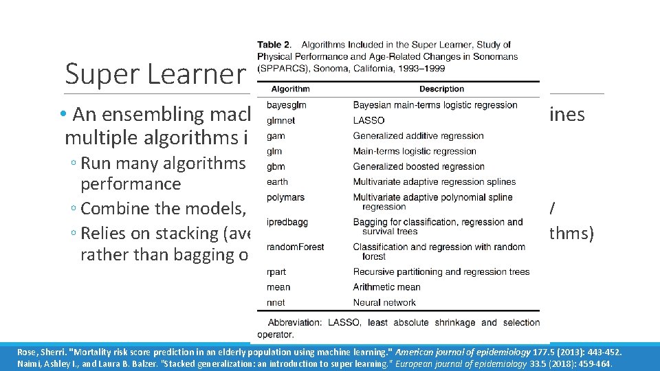 Super Learner • An ensembling machine learning approach that combines multiple algorithms into a