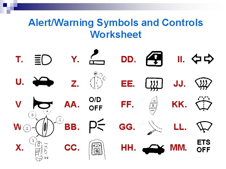Alert/Warning Symbols and Controls Worksheet T. Y. DD. II. U. Z. EE. JJ. FF.