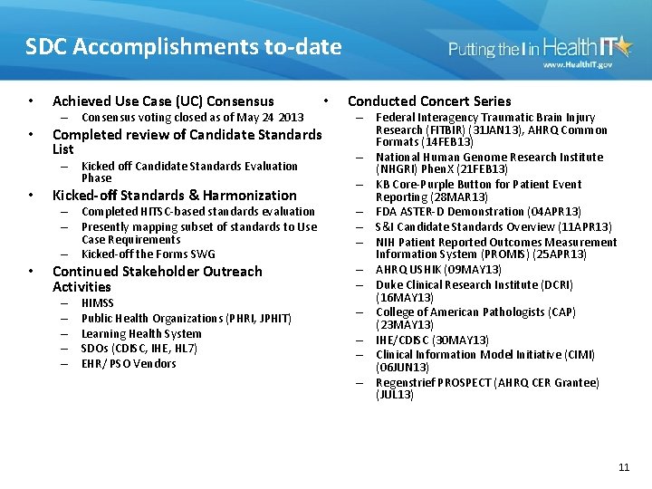 SDC Accomplishments to-date • Achieved Use Case (UC) Consensus – Consensus voting closed as