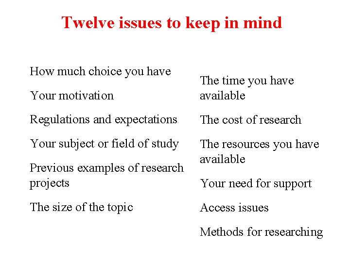 Twelve issues to keep in mind How much choice you have Your motivation The