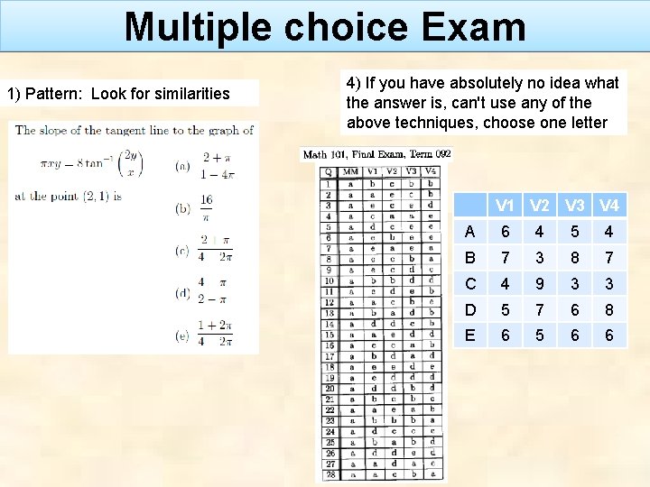 Multiple choice Exam 1) Pattern: Look for similarities 4) If you have absolutely no