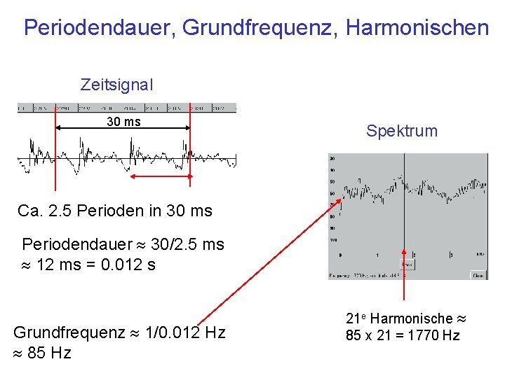 Periodendauer, Grundfrequenz, Harmonischen Zeitsignal 30 ms Spektrum Ca. 2. 5 Perioden in 30 ms